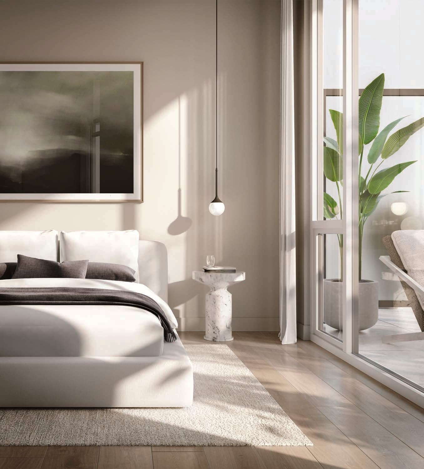 Bedroom with floor-to-ceiling window. Artist's concept.
