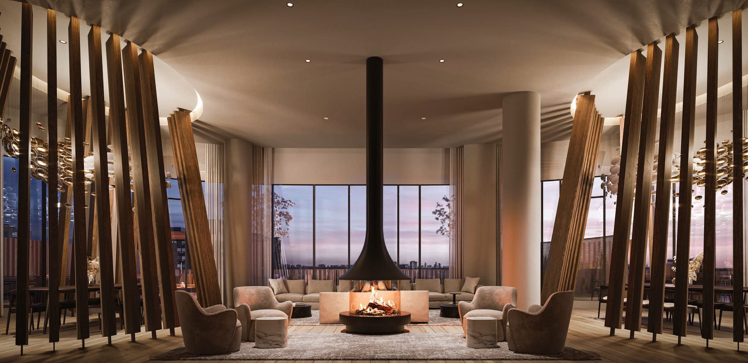 Seventh-floor fireside lounge with dining areas. Artist's concept.