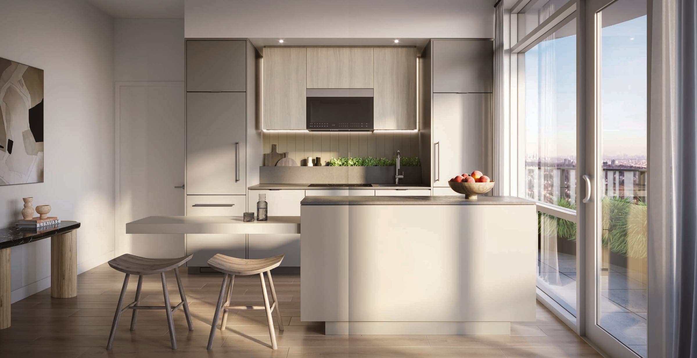 Kitchen with integrated appliances, island and stone counters. Artist's concept.