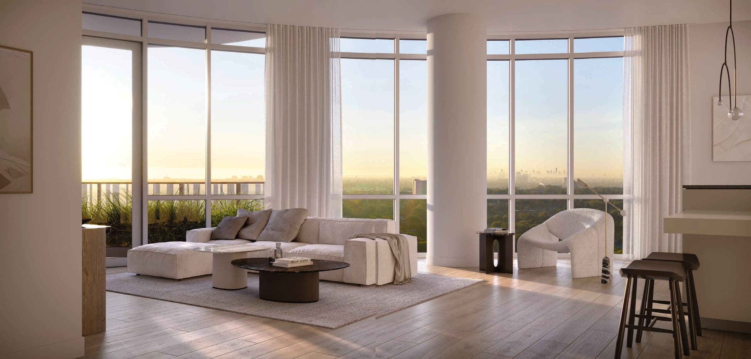 Corner living room with floor-to-ceiling windows. Artist's concept.