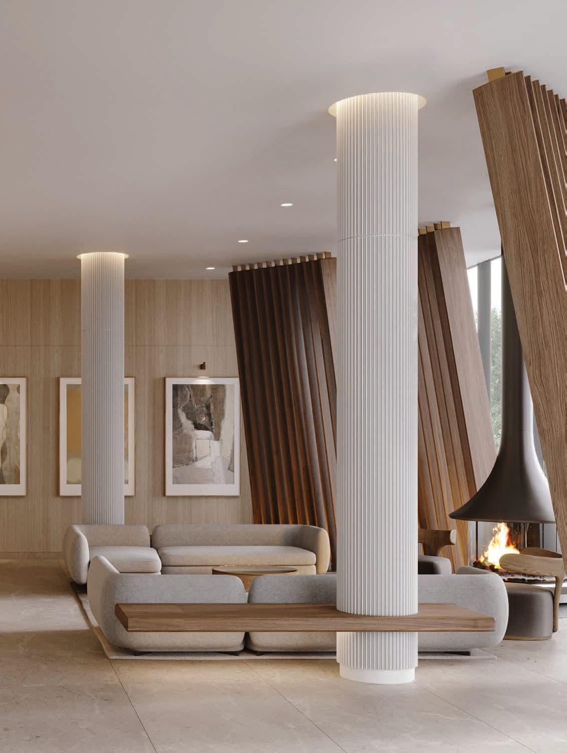 Double-height lobby lounge with fireplace. Artist's concept.