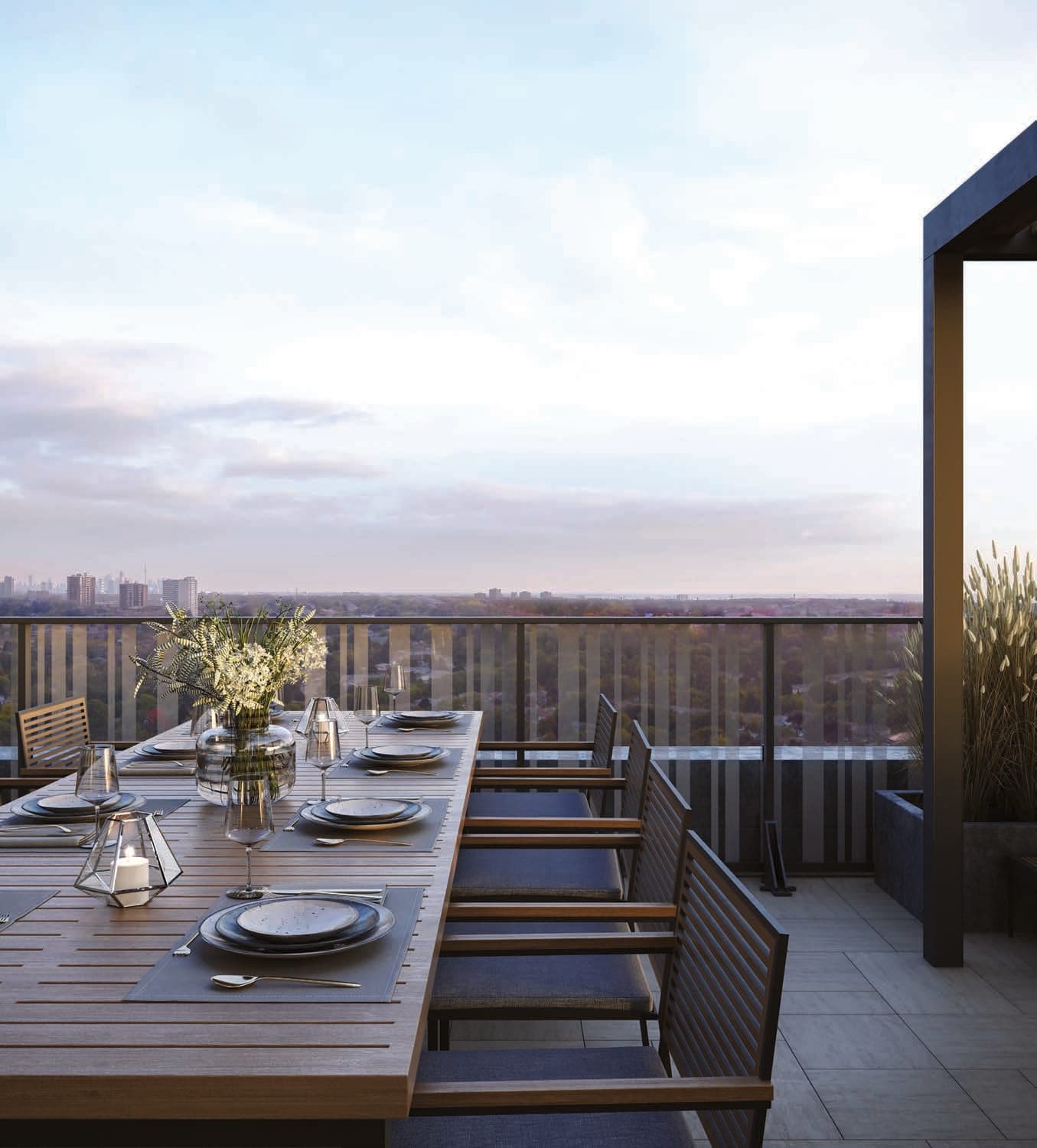 Outdoor dining table on the seventh-floor terrace. Artist's concept.