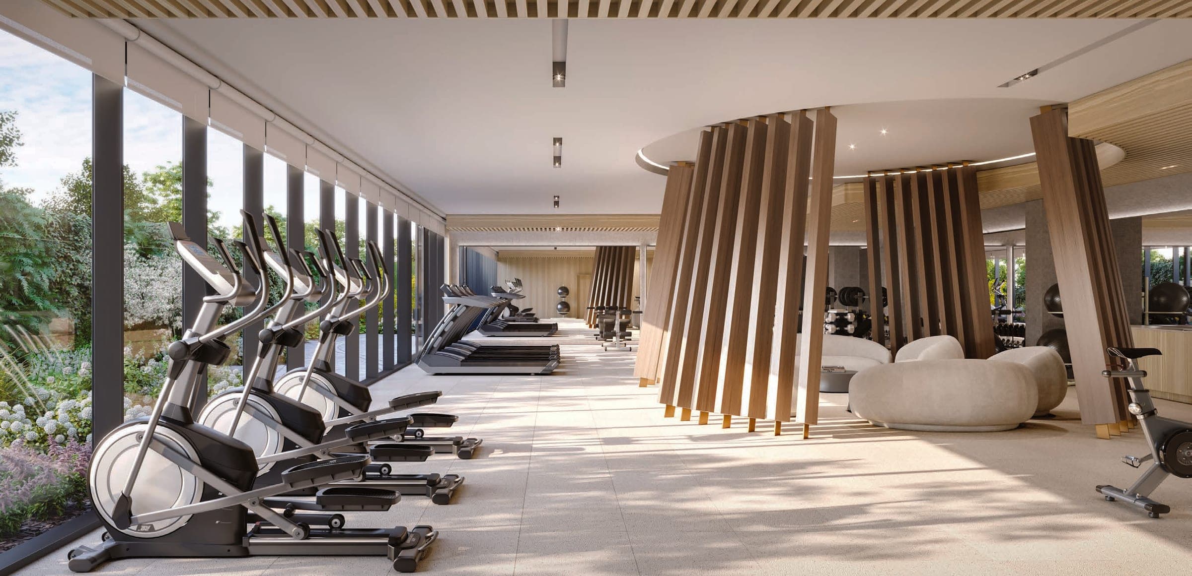 Wellness centre with cardio machines and floor-to-ceiling windows. Artist's concept.